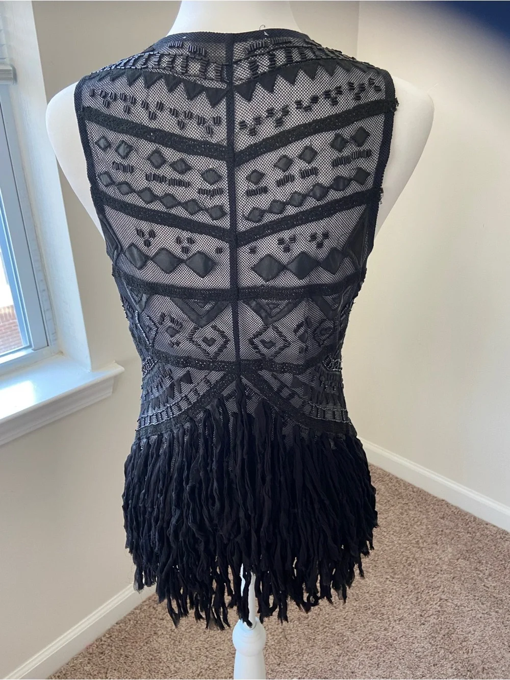 Boho Black Embroidered Womens Fringe Vest Med Y2K Witchy Whimsigoth Western NEW‎